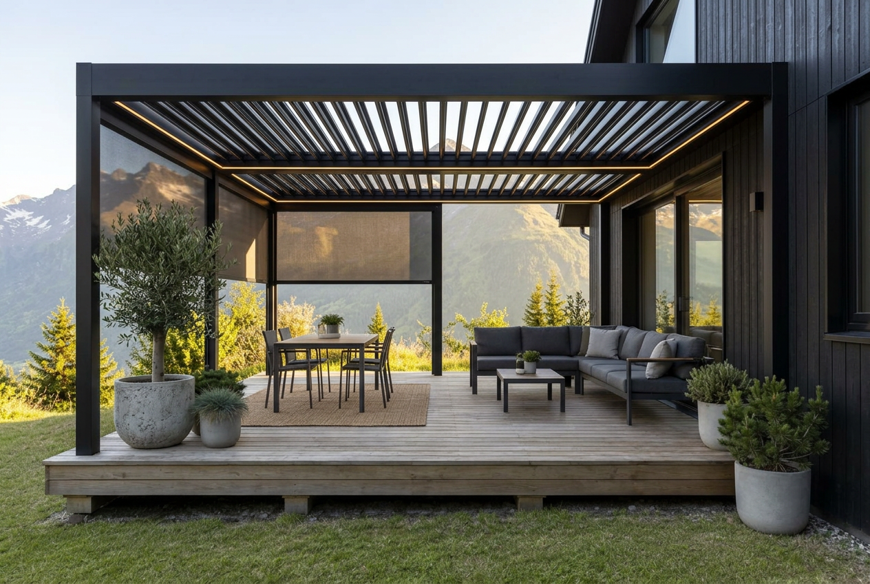 Queenstown deck transformed with a louvre roof, outdoor blinds and lighting