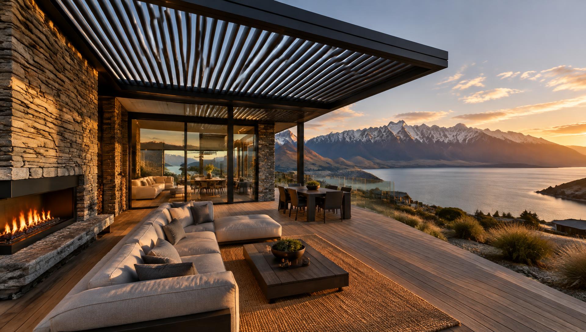 Shade Smart louvre roof on a luxury Queenstown home overlooking Lake Wakatipu and the Remarkables