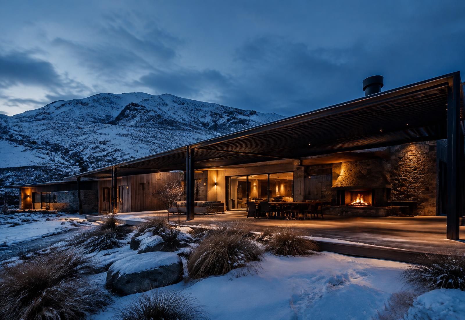 Louvre roof covered deck on a Central Otago home in winter snow